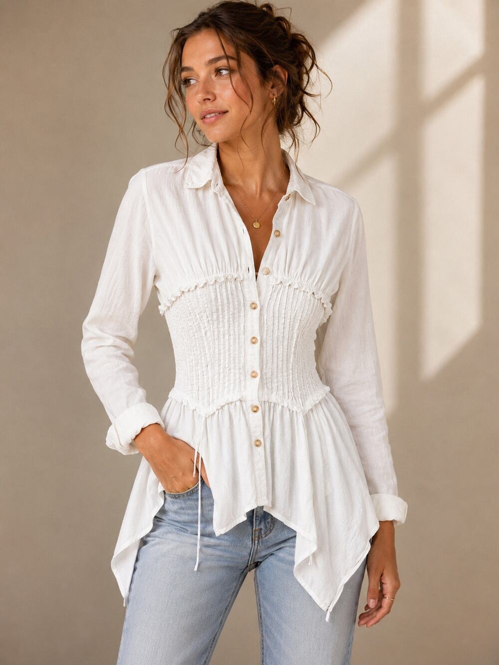 Pilcro White Smocked Button Front Blouse XXS Ruffle Corset Boho Asymmetrical